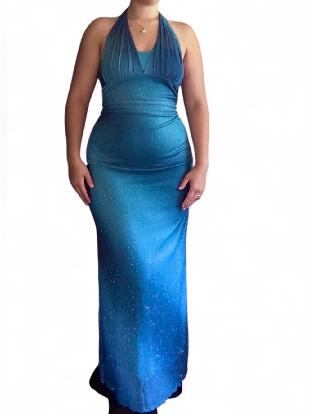 Y2K Mermaidcore Taboo Halter Open Back Glittery Bodycon Blue Maxi Dress Medium